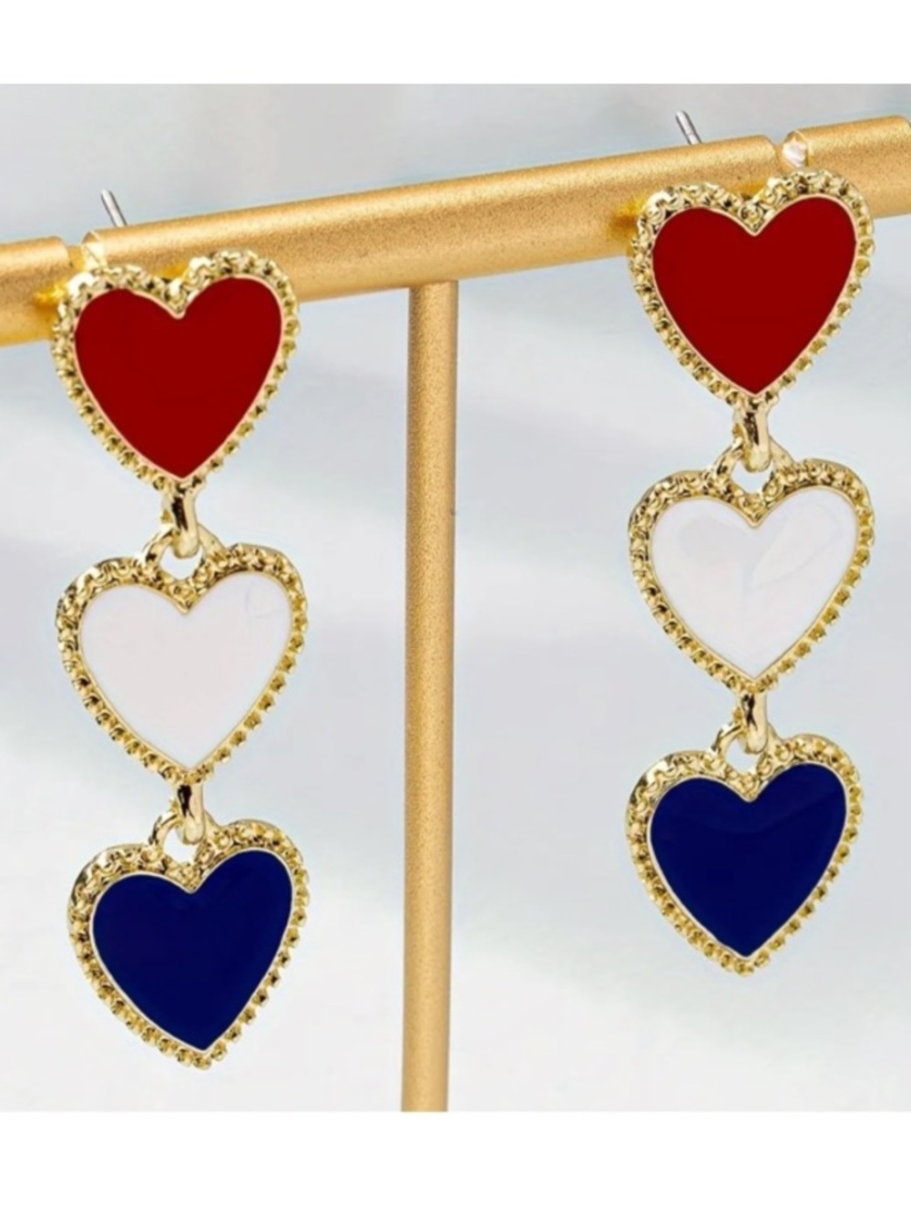 Red White & Blue Heart Patriotic Gold Toned Stud Earrings